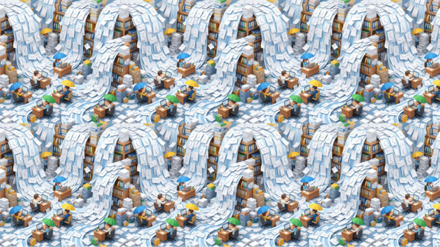 Seamless 3D isometric pattern of a miniature winter landscape featuring waterfalls, people at outdoor cafes with colorful umbrellas, and snowy terrain, AI generated illustration