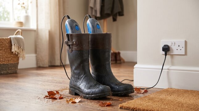 Pair of wet black rubber boots with electric shoe dryers plugged into a wall socket, with autumn leaves on the floor, representing autumn footwear care