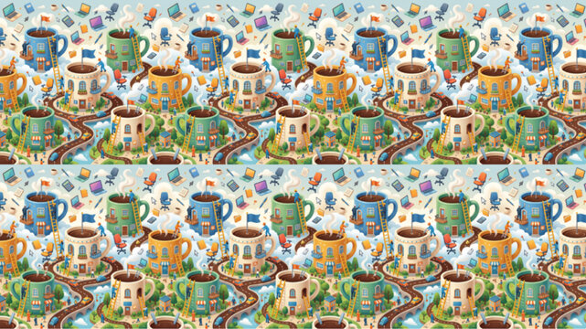 Seamless pattern of whimsical coffee mug houses and cafes in a miniature city landscape, vibrant colors, morning energy, creative caffeine-themed town illustration, AI generated