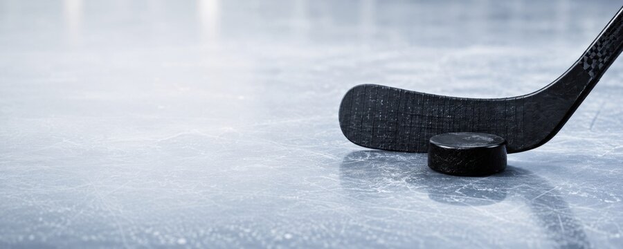 Black hockey stick and puck on a scratched ice rink surface, representing winter sports, ice hockey and outdoor cold season activities. Banner with copy space