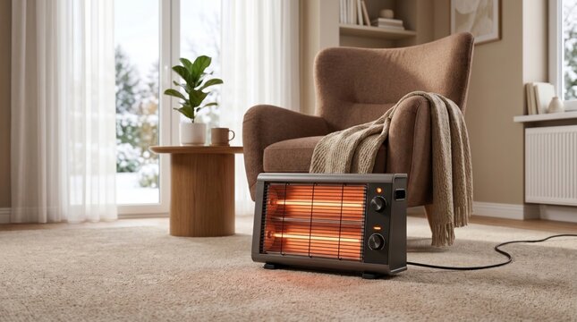 Black electric quartz heater glowing orange on a carpet in a cozy living room with an armchair, blanket and snowy window view, representing home heating, winter comfort and energy warmth