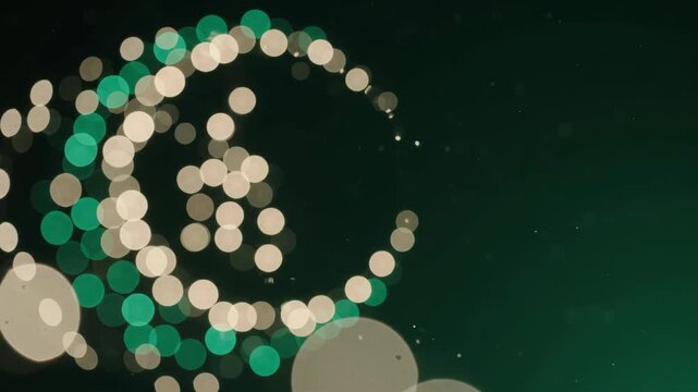 Emerald and ivory bokeh circles trace a coiled spiral along the left side of a deep green field, leaving a broad open right margin for seasonal greetings, winter promotions and festive layouts