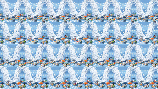 Seamless winter pattern featuring cute cartoon animals, snowy mountains, and falling snowflakes on a light blue background. Playful and cozy holiday illustration for fabric and wallpaper. AI Generated