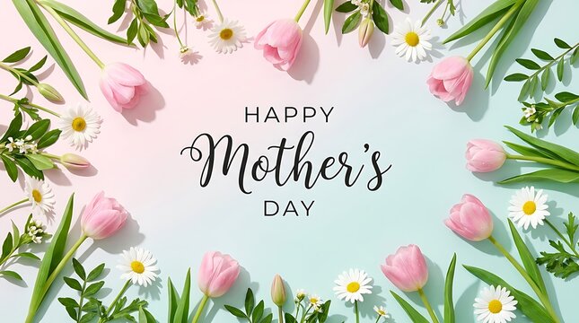 Happy Mothers Day greeting card background with pink tulips and white daisies arrangement