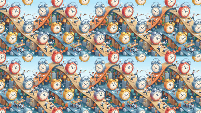 AI Generated seamless pattern of colorful alarm clocks and tiny business people running on wavy conveyor belts, illustrating time management, deadlines, and the daily grind.