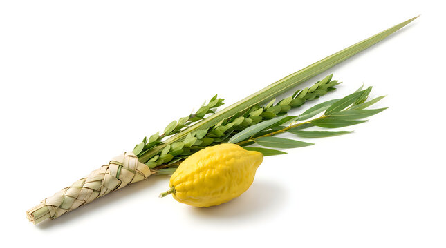 Four species lulav and etrog set for the jewish holiday of sukkot with palm branch willow myrtle and a yellow citron fruit