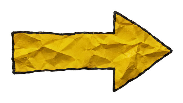 Crumpled Yellow Paper Arrow Directional Sign Isolated on Transparent Background