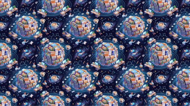 Seamless Pattern of Isometric Spherical Libraries Floating in Cosmic Space, Featuring Books, Computers, and Glowing Tech, AI Generated Futuristic Education and Knowledge Concept