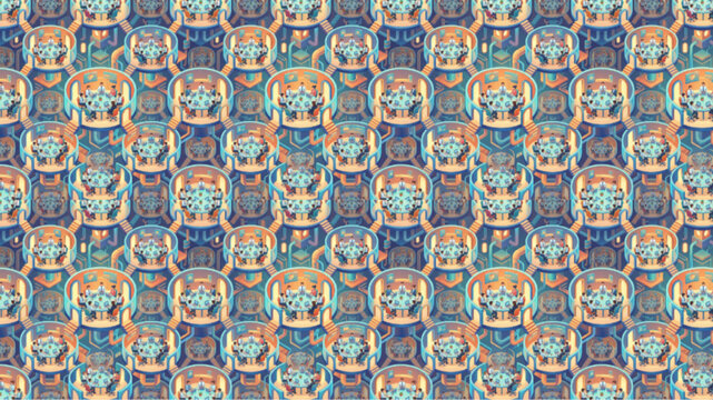 Seamless Abstract Geometric Pattern with Intricate Tribal Motifs in Blue and Orange, Vibrant Cultural Background for Textile and Wallpaper Design, Generative AI