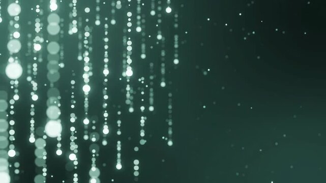 Pale mint and seafoam bokeh strands form vertical rows across the left side of a deep forest green backdrop, leaving a wide calm right section for festive text and atmospheric seasonal design