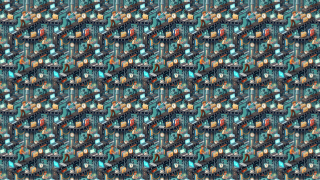 Seamless Isometric Futuristic City Pattern with Glowing Neon Lights and Industrial Tech Structures, Dark Cyberpunk Urban Landscape Background, Digital Art, AI Generated