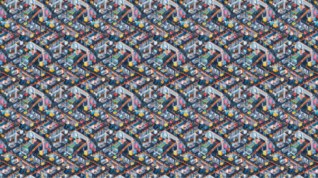  Seamless Isometric Futuristic City and Industrial Infrastructure Pattern, Complex Cyberpunk Urban Design with Glowing Details, AI Generated Digital Background
