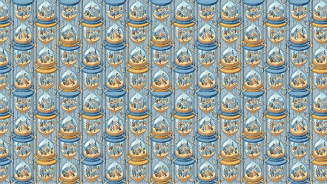  Seamless pattern of stylized blue and gold hourglasses on a light blue background, conceptualizing time management, deadlines, and history in a flat vector illustration style, AI generated.