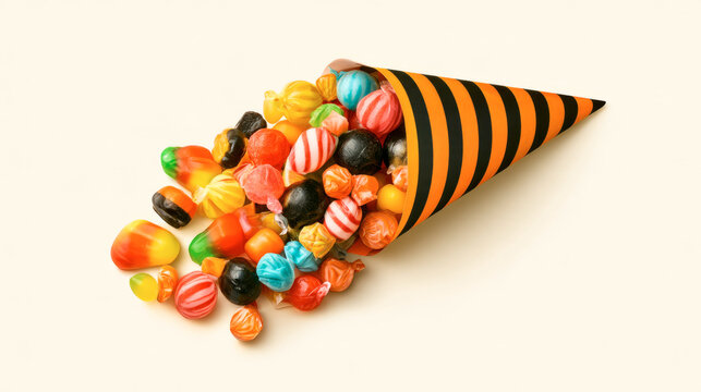 Colorful Halloween Treats Spilling from Striped Party Cone