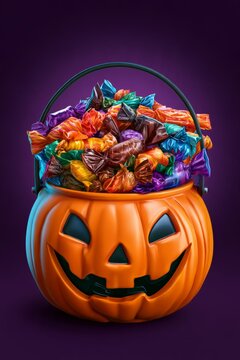 Halloween Pumpkin Bucket Overflowing with Colorful Wrapped Candies