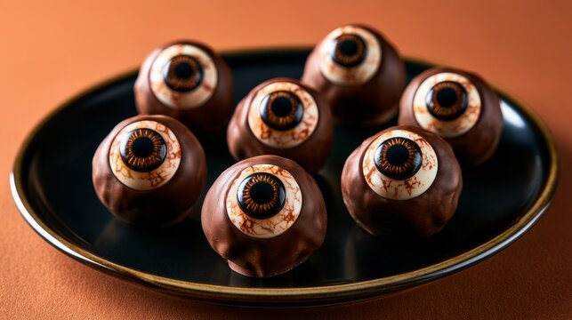 Spooky Chocolate Eyeball Truffles Served on Black Plate