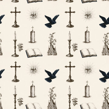 Seamless Christian religious pattern with cross, candles, open Bible and flying dove. Hand drawn church motifs and floral illustration. Faith, worship and spiritual design.
