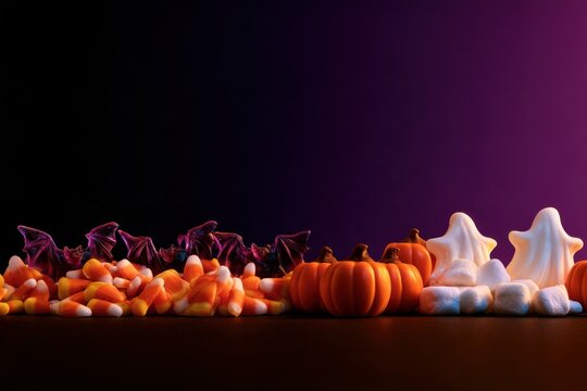 Halloween Candy Display with Bats Pumpkins and Marshmallow Ghosts