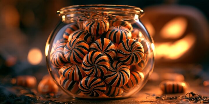 Vintage Glass Jar Filled with Striped Halloween Hard Candies