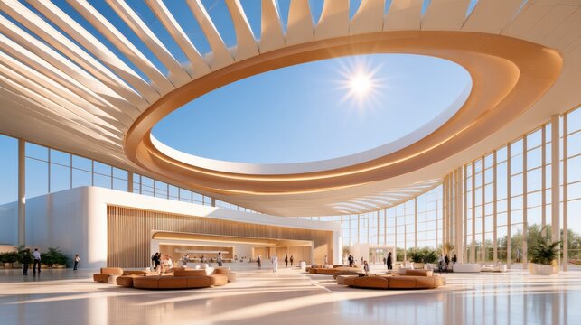Modern airport terminal interior featuring vast curved steel roof structure and large circular skylight illuminating spacious hall with passengers