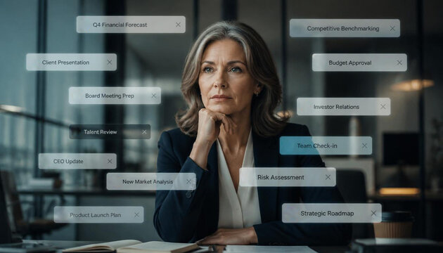 Overworked business person stressed by multi-tasking, digital overload and heavy workload in modern office conceptual art
