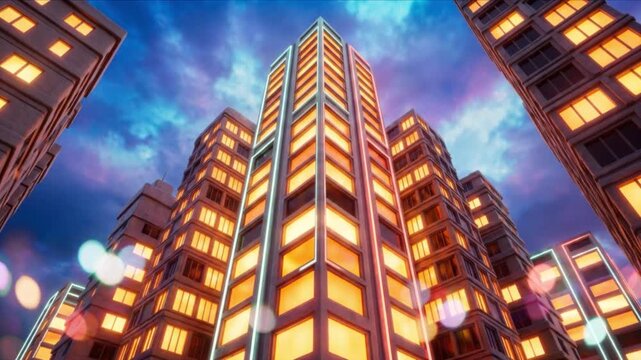 粘土風の未来的な高層ビル群を見上げる構図で窓が温かく一斉点灯するCG映像