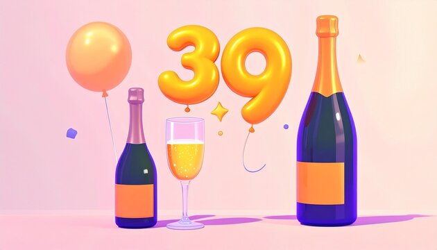 Birthday and Anniversary Celebration with Champagne and Gold Number 39 Balloon