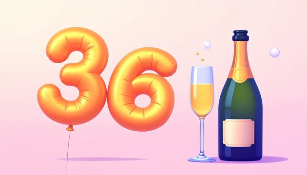 Birthday and Anniversary Celebration with Champagne and Gold Number 36 Balloon