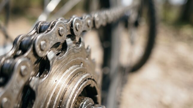 Bicycle chain and metallic gear cassette sit in sharp focus outdoors on a sunny day.