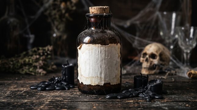 Vintage Dark Potion Bottle with Blank White Label and Cobwebs