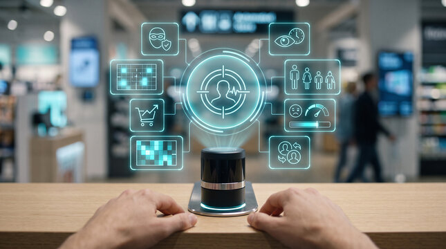 Close-up of a futuristic smart retail analytical device on a wooden counter projecting a holographic interface for customer demographic and behavior mapping in a blurred store