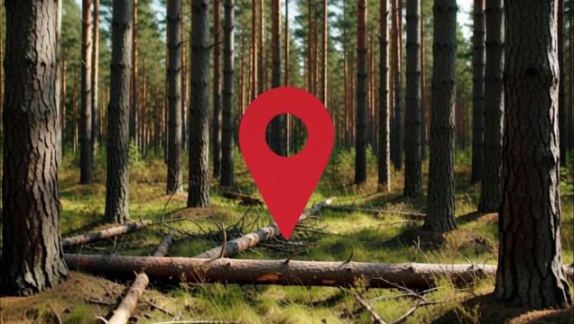 Red location pin icon floating in a dense pine forest nature landscape.