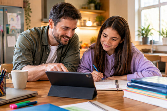 Big lessons begin at the kitchen table. A father guides his teenage daughter through homework using books and a digital tablet.Family support, personalized learning 