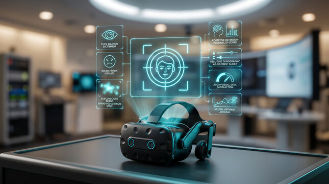 Futuristic black neuro-marketing VR headset on a dark surface with a glowing blue holographic interface displaying cognitive and emotional biometric data analytics