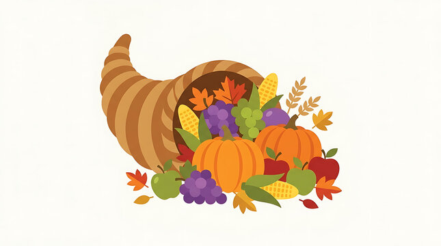 Cornucopia overflowing with harvest produce like pumpkins and grapes on a white background