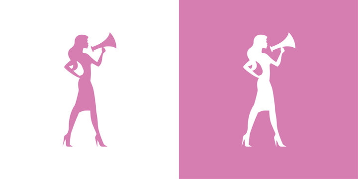 Women empowerment logo. Confident female silhouette with megaphone representing voice, equality and self expression.