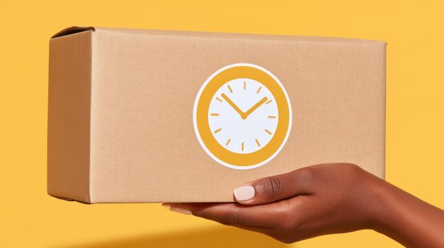 Cardboard parcel box with clock icon sticker held by hand representing fast delivery service concept
