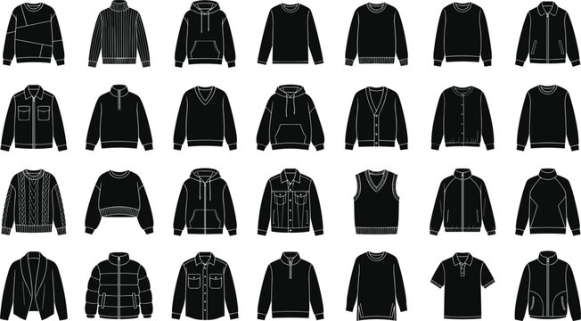 Black winter jacket and coat collection vector set with assorted outerwear silhouettes