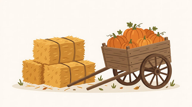 Wooden cart filled with orange pumpkins next to stacked hay bales