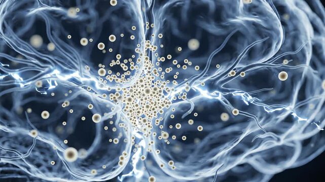 Cortisol molecules moving through a transparent brain environment during nighttime. Initially sparse cortisol particles gradually become more concentrated around interconnected neurons