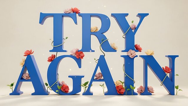 Bright blue decorative letters spelling try again with floral accents