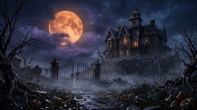 Title: Terrifying Gothic Haunted Mansion Under a Blood Moon