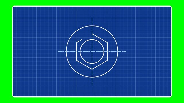 Animated Engineering Blueprints and Technical Geometric Drawings on Grid Background with Green Screen.