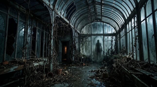 Title: Haunted Glass Conservatory in an Overgrown Ruined Estate