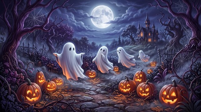 Ghosts and Glowing Pumpkins in a Fantasy Halloween Forest