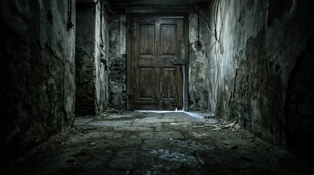 Dark Abandoned Corridor with an Old Wooden Door