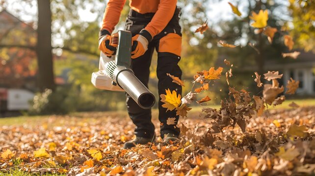 Gardener using a leaf blower to clear fallen autumn leaves from a lawn