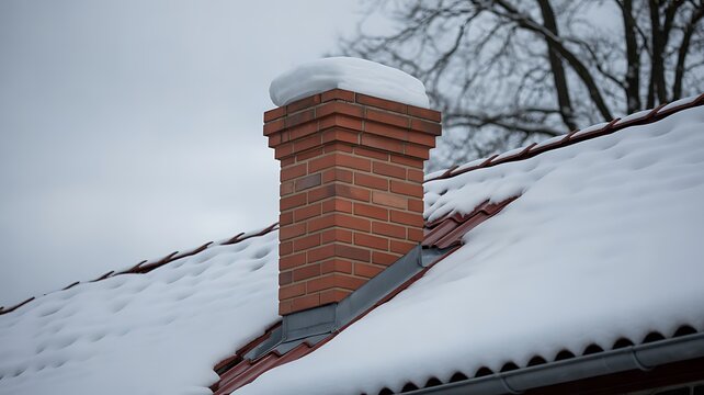 Snow covered brick chimney rising above a winter house roof