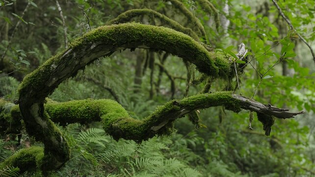 Moss covered curved tree branch in a lush green forest
