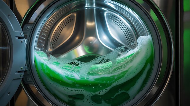 Closeup of a washing machine drum with green laundry detergent and water